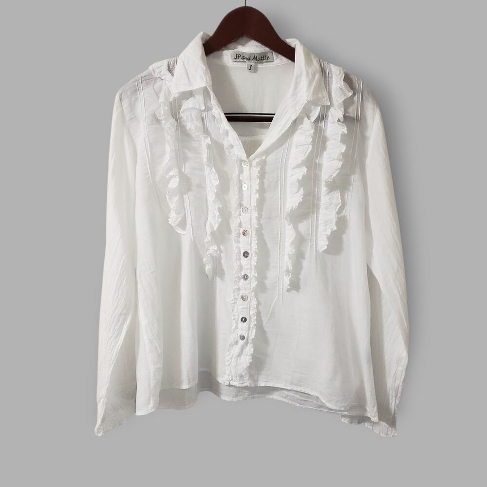 JP and Mattie Cascade Ruffle Shirt Blouse White Sz Small Cottage Regency Romance
